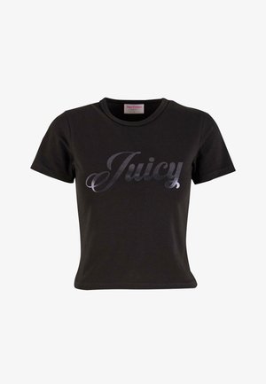 Černé tričko s krátkým rukávem vyrobené z bavlny, s velkým stříbrným nápisem "Juicy" na přední straně. Úzký střih s klasickým kulatým výstřihem.