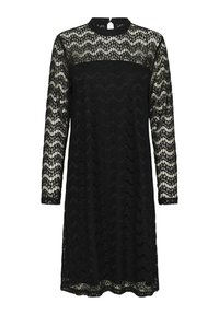 Crna čipkasta haljina s dugim rukavima, s valovitim uzorkom, visokim izrezom i detaljem na leđima u obliku ključa. Poluprozirna s opuštenim krojem.
