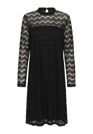 Rochie din dantelă neagră, cu mâneci lungi, având un model în valuri, guler înalt și detaliu cu deschidere la spate. Semi-transparentă, cu o croială lejeră.