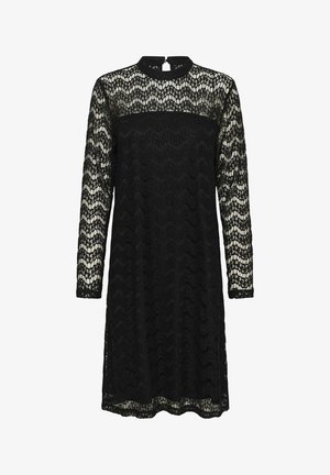 Sort blonde kjole med lange ærmer, der har et bølgemønster, høj halsudskærning og detaljer med nøglehul i ryggen. Halvgennemsigtig med en afslappet pasform.