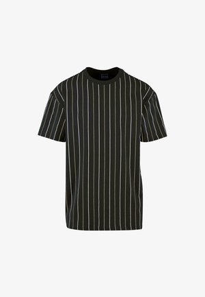 T-shirt noir à manches courtes avec des rayures verticales beige, comportant un col rond et une coupe ample. Fabriqué en tissu doux et respirant.
