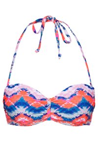 Wielokolorowy stanik bikini z wiązanym paskiem, w niebiesko-różowo-pomarańczowy falisty wzór oraz centralnym detalem ściągającym.