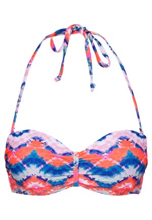 Wielokolorowy stanik bikini z wiązanym paskiem, w niebiesko-różowo-pomarańczowy falisty wzór oraz centralnym detalem ściągającym.
