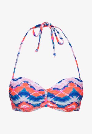 Multicolore bikini top met een strikdesign, met een golvend patroon in blauw, roze en oranje en een centrale plooidetail.