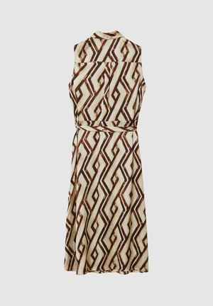 Ärmelloses Kleid aus beigem Stoff mit braunem, geometrischem Muster. Verfügt über einen Kragen, einen Taillengürtel und einen ausgestellten Saum.