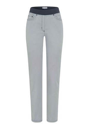 Slim-fit lichtgrijze broek met een klein zwart ruitpatroon, zwarte elastische tailleband en voorzakken.