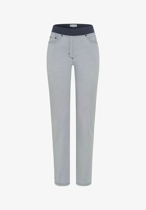 Slim-fit lichtgrijze broek met een klein zwart ruitpatroon, zwarte elastische tailleband en voorzakken.