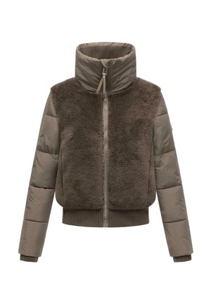 Veste marron avec un dessus en peluche texturé et des manches lisses rembourrées. Grand col, fermeture éclair pleine et poignets et ourlet côtelés.