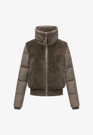 Bruine jas met een pluche, gestructureerde bovenkant en gladde, gewatteerde mouwen. Hoge kraag, volledige rits en ribgebreide manchetten en zoom.