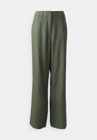 Pantalon large en lin vert avec une coupe décontractée, doté d'une fermeture à boutons et d'une texture lisse. Design sur mesure qui apporte de la structure.