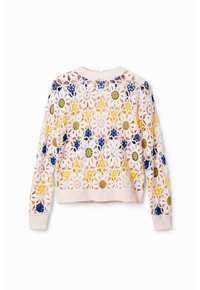 Maglione all'uncinetto di colore rosa chiaro con motivo floreale. Presenta dettagli in blu, giallo e verde, polsini a coste e scollatura arrotondata.