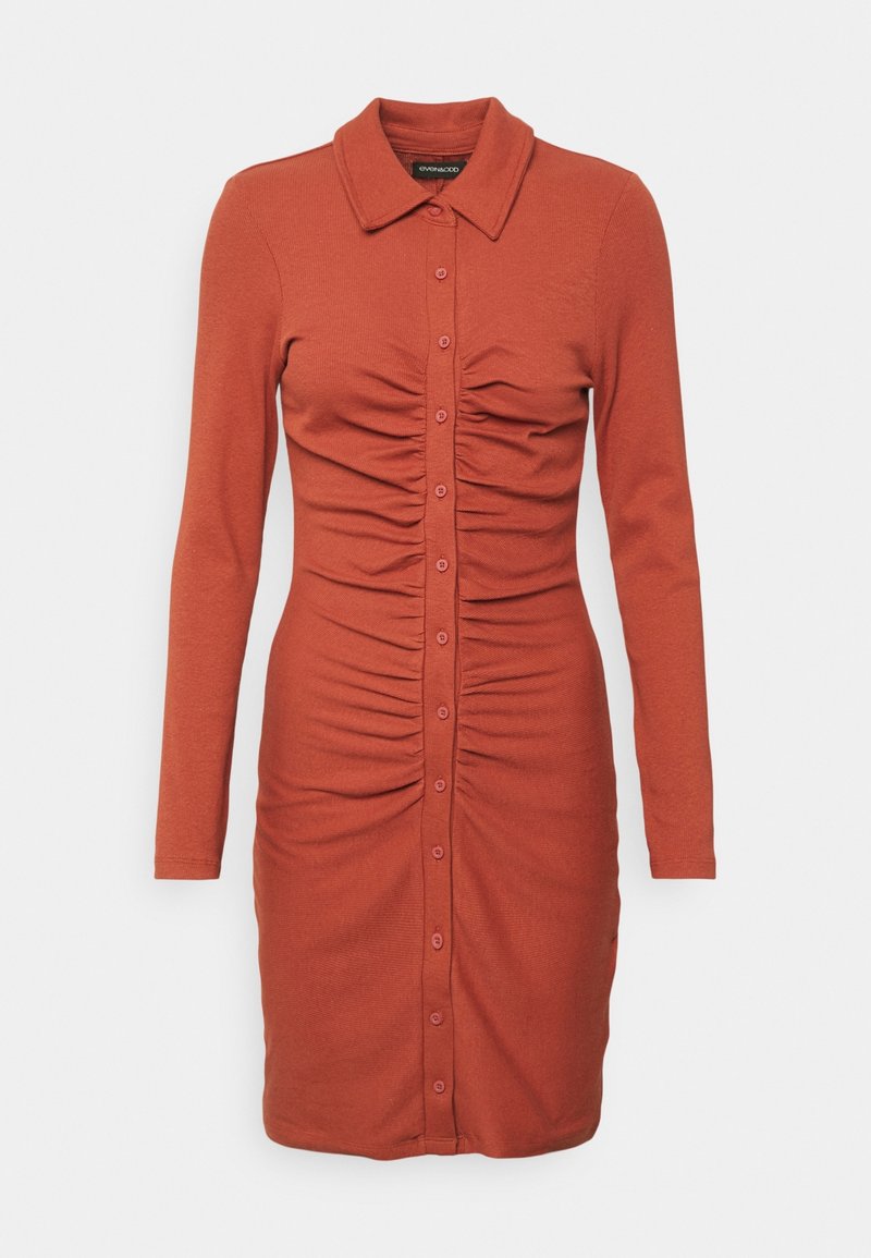 Robe couleur rouille avec un devant boutonné, des manches longues et une texture froncée le long du torse, présentant un col classique et une silhouette ajustée.