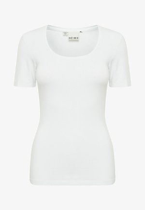 T-shirt bianca a maniche corte realizzata in tessuto elasticizzato con scollatura a barchetta e design aderente, caratterizzata da una superficie liscia e senza motivi visibili.