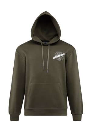Hnědá mikina s kapucí vyrobená z měkkého materiálu, s velkou přední kapsou, šňůrkami a bílým logem "Rossignol" s designem globu.