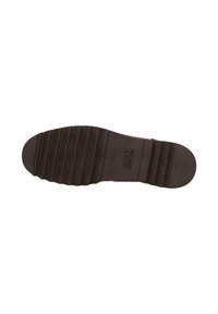 Brauner Gummischuhsohle mit horizontalen Rillen für den Grip, mit einem Logo-Abdruck und glatten Kanten. Insgesamt abgerundete Form.