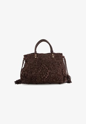 Braune handgewebte Handtasche mit strukturierten Mustern, stabilen Griffen und geflochtenen Akzenten. Enthält dekorative Quasten an der Seite.