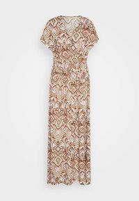 Robe maxi en tissu léger avec un motif géométrique multicolore aux tons terreux de marron, vert et crème. Taille élastiquée.