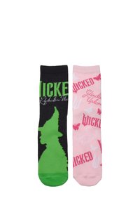 Calzini neri e rosa con il testo "Wicked", con la silhouette di una strega verde su uno e motivi rosa sull'altro, inclusi farfalle e simboli.