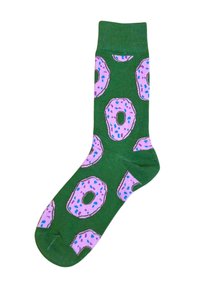 Groene sok met paarse donuts met een glazuur van blauwe spikkels, die de hele sok van boord tot teen bedekken.