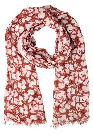 Leichter Stoffschal mit rostfarbenem Blumenmuster und fransigen Rändern, locker geschlungen.