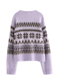 Maglione lilla con lavorazione a maglia testurizzata. Presenta un motivo Fair Isle con disegni floreali in verde scuro e marrone. Corto, con scollatura tonda e maniche lunghe.