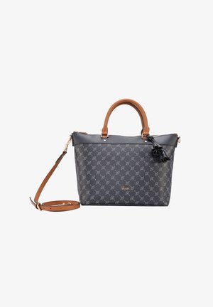 Dunkelblaue gemusterte Handtasche mit braunen Griffen und verstellbarem Schulterriemen, mit Tassel-Anhänger und kleinem goldenen Logo.