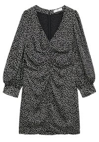 Abito nero con pois bianchi, dotato di scollatura a V, parte anteriore arricciata, maniche lunghe a sbuffo e chiusura con zip sul retro. Tessuto morbido.