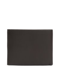 Portafoglio in pelle marrone scuro con una texture liscia, forma rettangolare e dettagli di cucitura contrastanti lungo i bordi. Design minimalista.