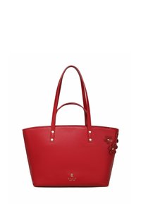 Červená syntetická kabelka s dvěma uchy, plochého tvaru, zlaté kovové doplňky a květinová dekorace na jedné straně. Odolný a prostorný design.