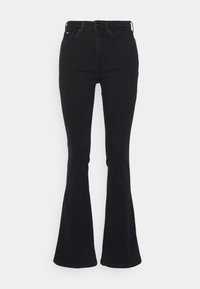 Pantalones vaqueros negros acampanados con cintura alta, hechos de tela de mezclilla. Presentan un diseño clásico de cinco bolsillos y pasadores para cinturón. Textura suave.