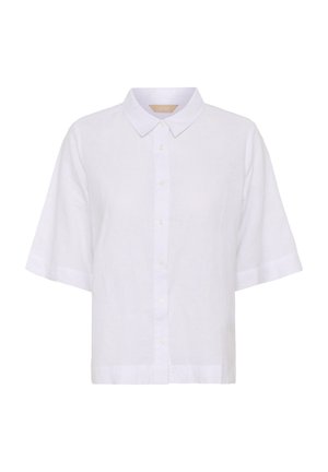 White short-sleeve button-up shirt with a classic collar and a straight hem, displayed on a plain background.