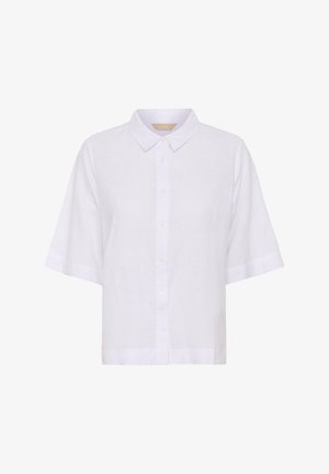 Weißes kurzärmeliges Hemd mit Knopfleiste, klassischem Kragen und geradem Saum, vor schlichtem Hintergrund dargestellt.