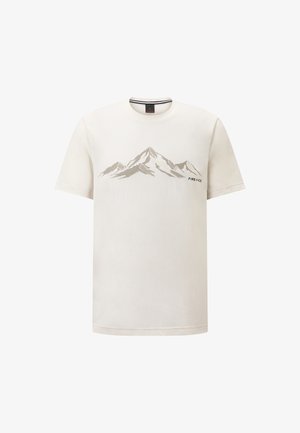 Cream-colored cotton t-shirt featuring a mountain graphic in brown tones and the text "FIRE + ICE" on the left side. Short sleeves.