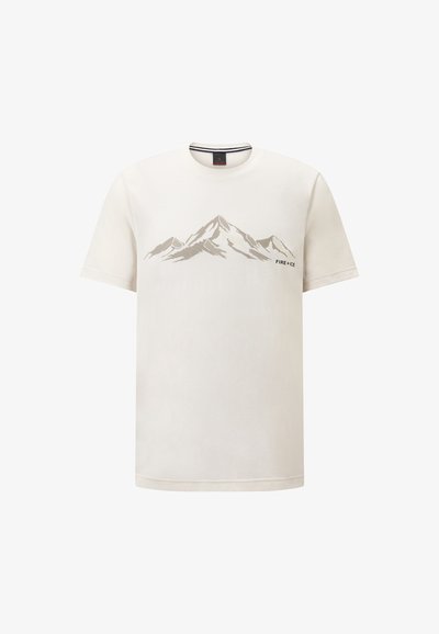 Cream-colored cotton t-shirt featuring a mountain graphic in brown tones and the text "FIRE + ICE" on the left side. Short sleeves.
