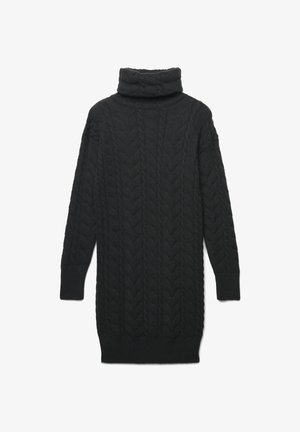 Abito maglione nero lavorato a maglia con collo alto, caratterizzato da un motivo a treccia e maniche lunghe. Polsini e orlo a coste.