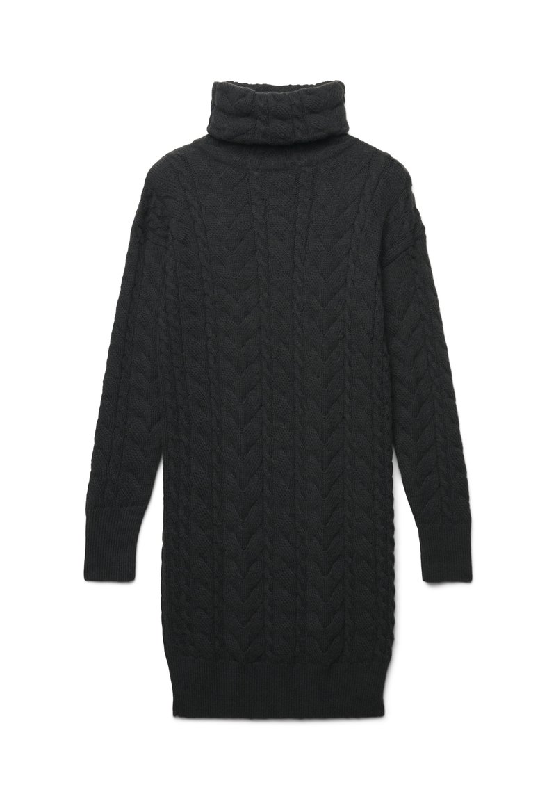 Abito maglione nero lavorato a maglia con collo alto, caratterizzato da un motivo a treccia e maniche lunghe. Polsini e orlo a coste.