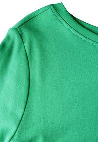 Grünes Kurzarm-T-Shirt aus glattem Baumwollstoff mit rundem Ausschnitt und genähten Nähten. Keine sichtbaren Muster oder Drucke.