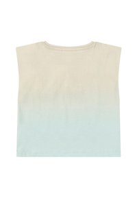 Top corto a maniche corte in gradiente dal beige al blu chiaro, realizzato in tessuto morbido. Presenta un collo tondo e bordi grezzi.