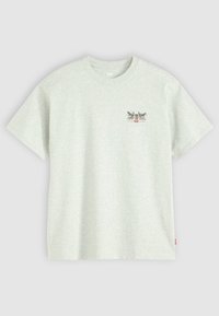 Light gray short-sleeve T-shirt made of soft cotton, featuring a small graphic print on the chest and a red label at the hem.