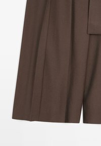 Hnědé široké kalhoty s vysokým pasem a předními sklady, vyrobené z hladké tkaniny, zobrazené na bílém pozadí.