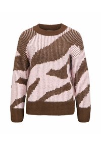 Pull en tricot côtelé rayé marron et rose, avec un col rond et une coupe ample, arborant un motif en zigzag audacieux.