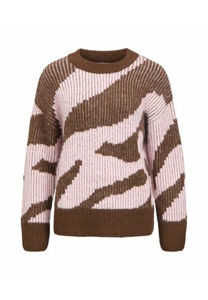 Brązowy i różowy sweter w paski, wykonany z ribbed knit, z okrągłym dekoltem i luźnym krojem, zdobiony odważnym wzorem w zygzaki.