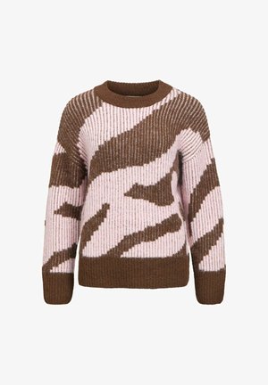 Brun og lyserød stribet sweater lavet af ribstrik, med rund halsudskæring og løs pasform, prydet med et iøjnefaldende zigzag-mønster.