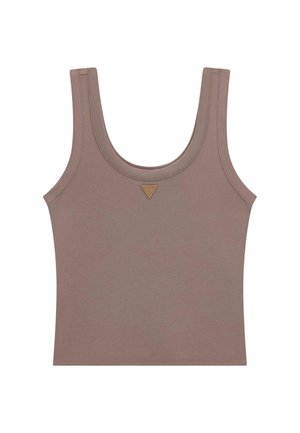 Ärmelloses, geripptes Strick-Top in gedämpftem Mauve mit Rundhalsausschnitt und kleinem dreieckigem Logo-Patch in der vorderen Mitte.