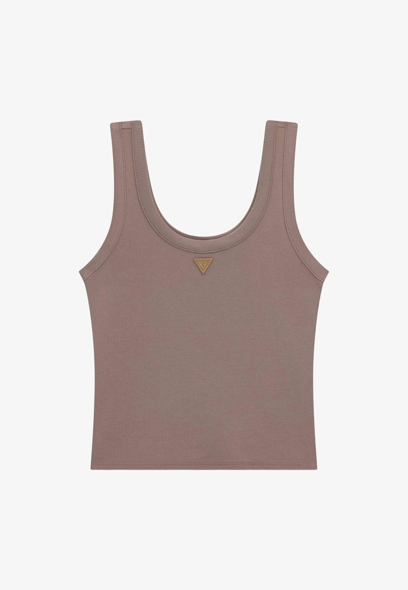 Débardeur côtelé sans manches couleur mauve tamisée, avec un col rond et un petit écusson logo triangulaire au centre devant.
