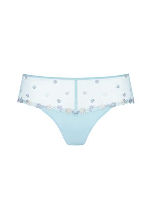 Hellblaue transparente Spitzenunterwäsche mit bestickten pastellfarbenen Blumenakzenten entlang des Bunds und verstreuten Blumendetails.