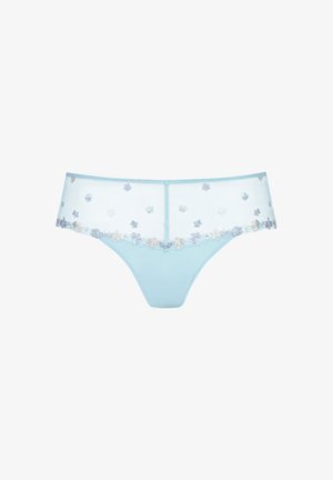 Culotte en dentelle fine bleu clair avec des accents floraux pastel brodés le long de la ceinture et des détails floraux éparpillés.
