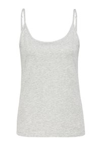 Light gray tank top made of soft, stretchy fabric; features thin adjustable straps and a round neckline, with a slightly curved hem.