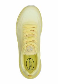 Yellow athletic shoe with a mesh upper, round laces, and contrasting rubber sole. Features a logo and padded collar for comfort.
