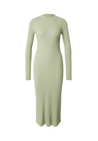 Robe à manches longues côtelée de couleur vert menthe pâle, présentant une silhouette ajustée et un col montant, avec un ourlet à hauteur du genou et un tissu texturé.